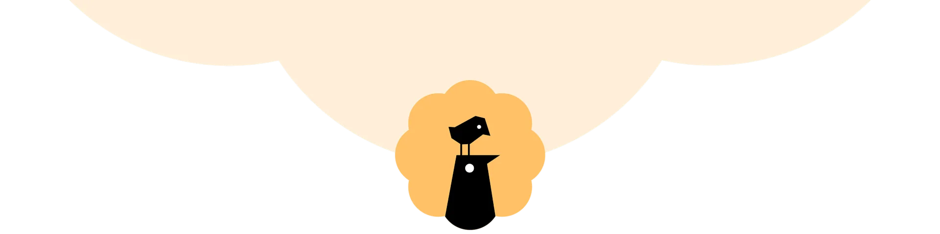 Twee minimalistische zwarte vogels, de een bovenop de ander, op een oranje wolkenformatie.