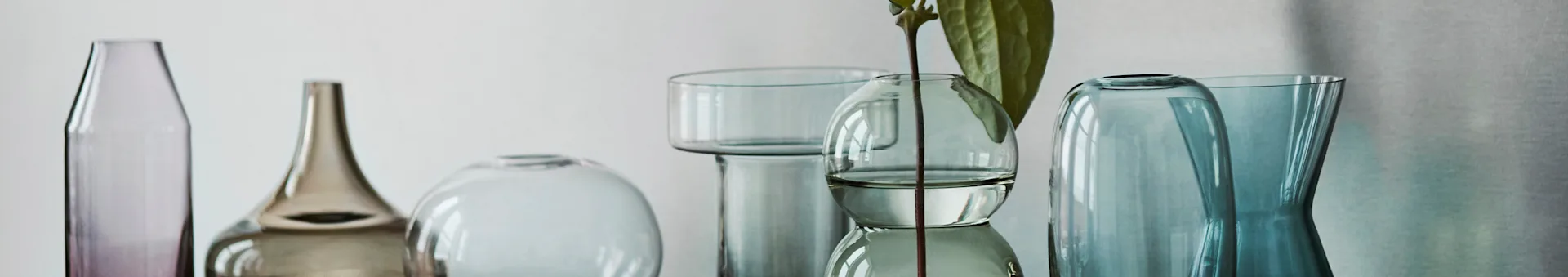Een rij glazen vazen en flessen in paarse, bruine, heldere en blauwgroene tinten, waarvan één met een plantenstengel.