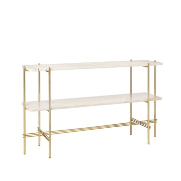 TS Console bijzettafel 120x30x72 cm - natural white travertine, messing onderstel, 2 marmeren planken - GUBI