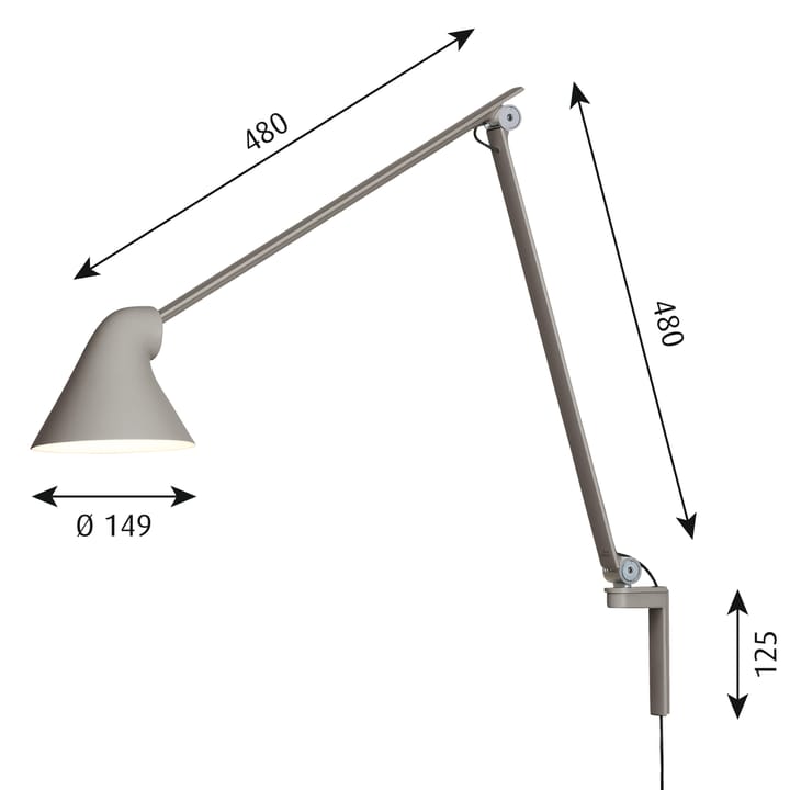 NJP wandlamp lange arm, Lichtgrijs Louis Poulsen