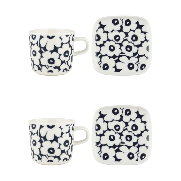 Pikkuinen Unikko kop en schotel set 20 cl 4 st. - Dark blue-white - Marimekko