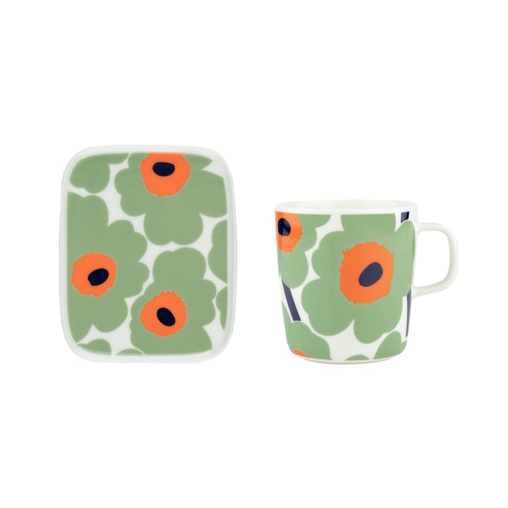 Unikko mok 40 cl + bord 12x15 cm, White-sage-orange-dark blue Marimekko