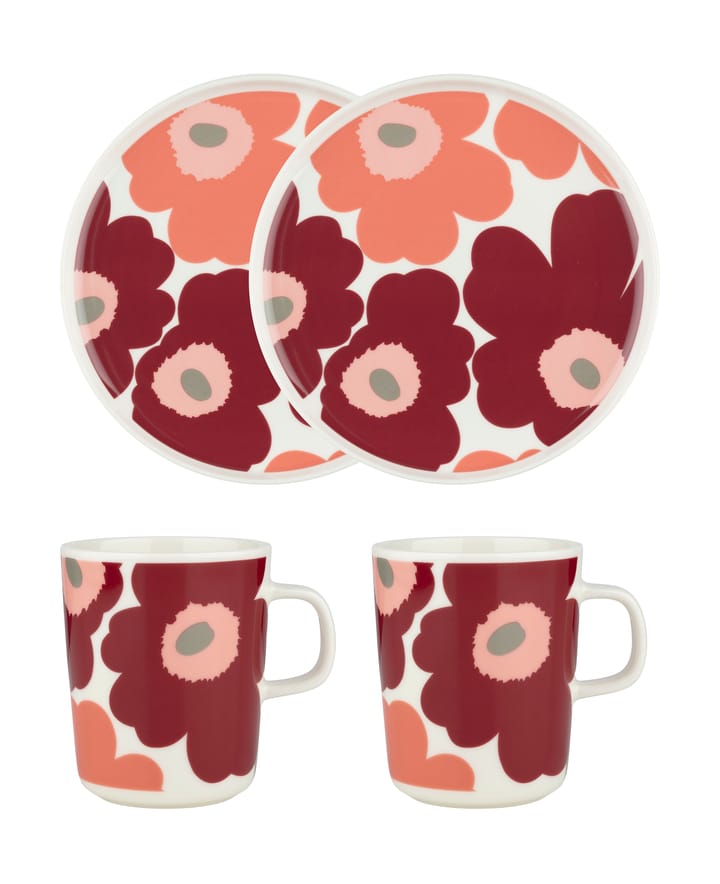 Unikko ontbijtset, White-dark cherry-salmon red Marimekko