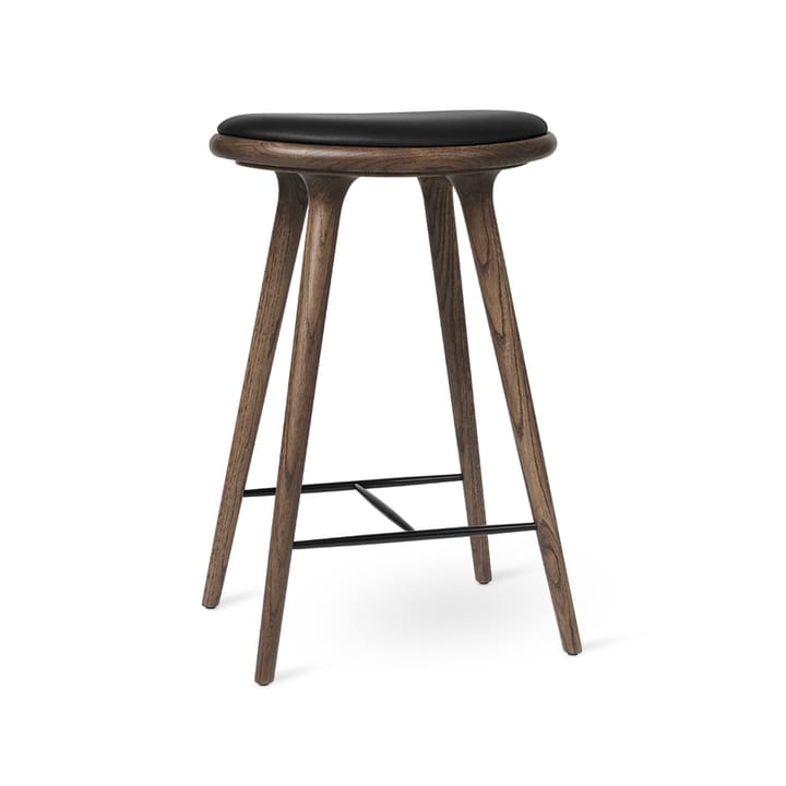 Mater high stool barkruk hoog 74 cm, leer zwart, donkergebeitst eikenhouten onderstel Mater