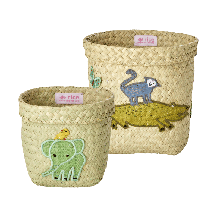 Rice raffia opbergmand rond 2-delig - Animal Embroidery-Green-blue - RICE