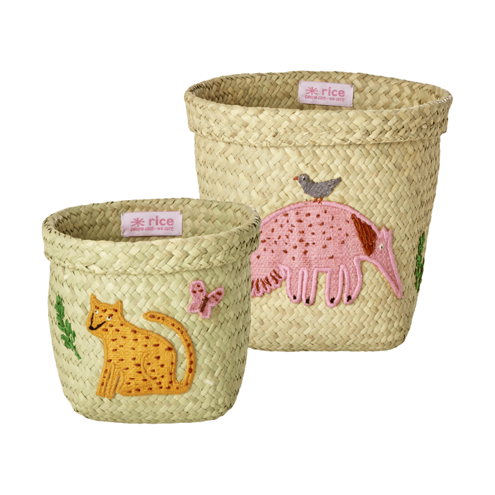 Rice raffia opbergmand rond 2-delig - Animal Embroidery-Pink-orange - RICE