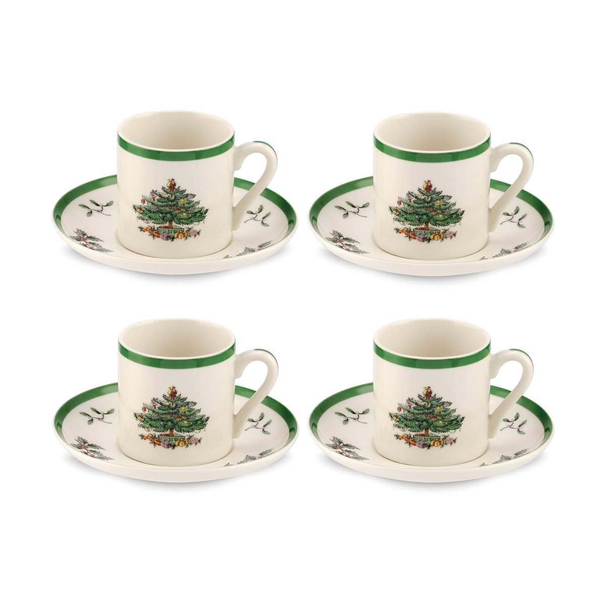 Spode Christmas Tree espressokopje en schotel 9 cl 4-pack White-green-red