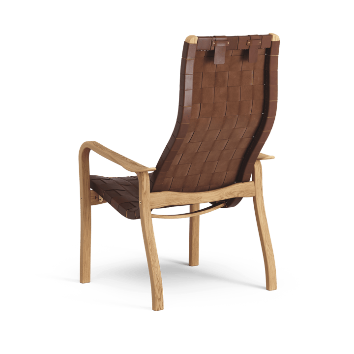 Primo fauteuil hoog met nekkussen geolied eikenhout, Leren banden bruinrood Swedese