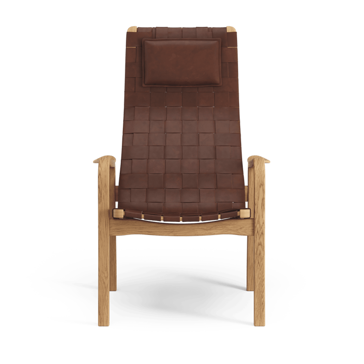 Primo fauteuil hoog met nekkussen geolied eikenhout, Leren banden bruinrood Swedese