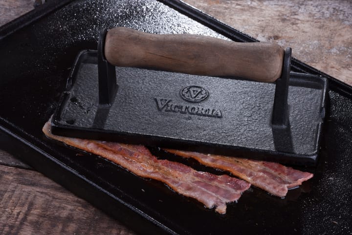 Bacon- en grillpers gietijzer met houten handvat - 21x11 cm - Victoria