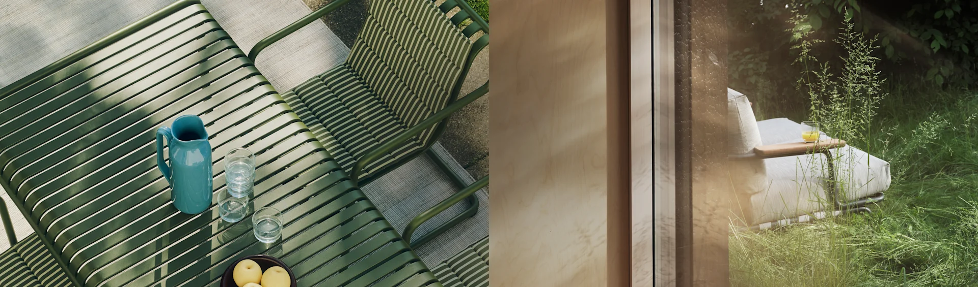 Gesplitst beeld: groene latten buitentafel met kan, glazen en fruit. Rechts: witte ligstoel in een groene tuin gezien door een raam.