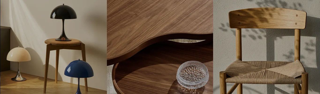 Drie elegante interieurvignettes: paddenstoellampen, een golvende houten tafel met een getextureerde glazen schaal, en een houten stoel met een geweven zitting.