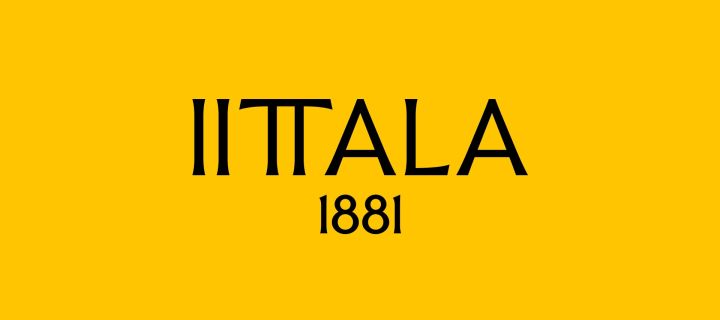 Iittala's nieuwe logo met gele achtergrond en het jaartal 1881 samen met de naam. 