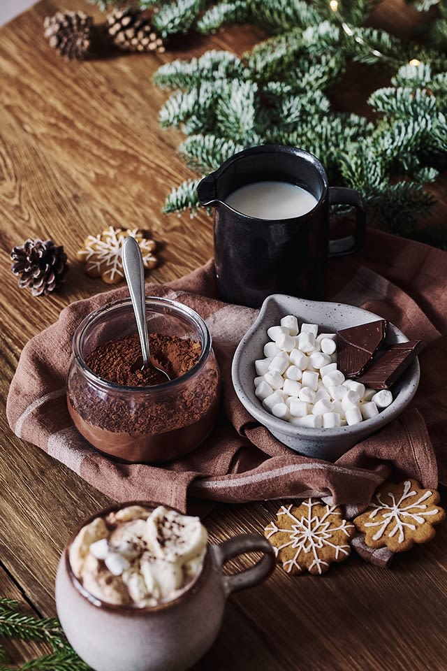 Ingrediënten voor een zelfgemaakte warme chocolademelk zoals cacao, melk en mini-marshmallows staan klaar in een kleine kom.