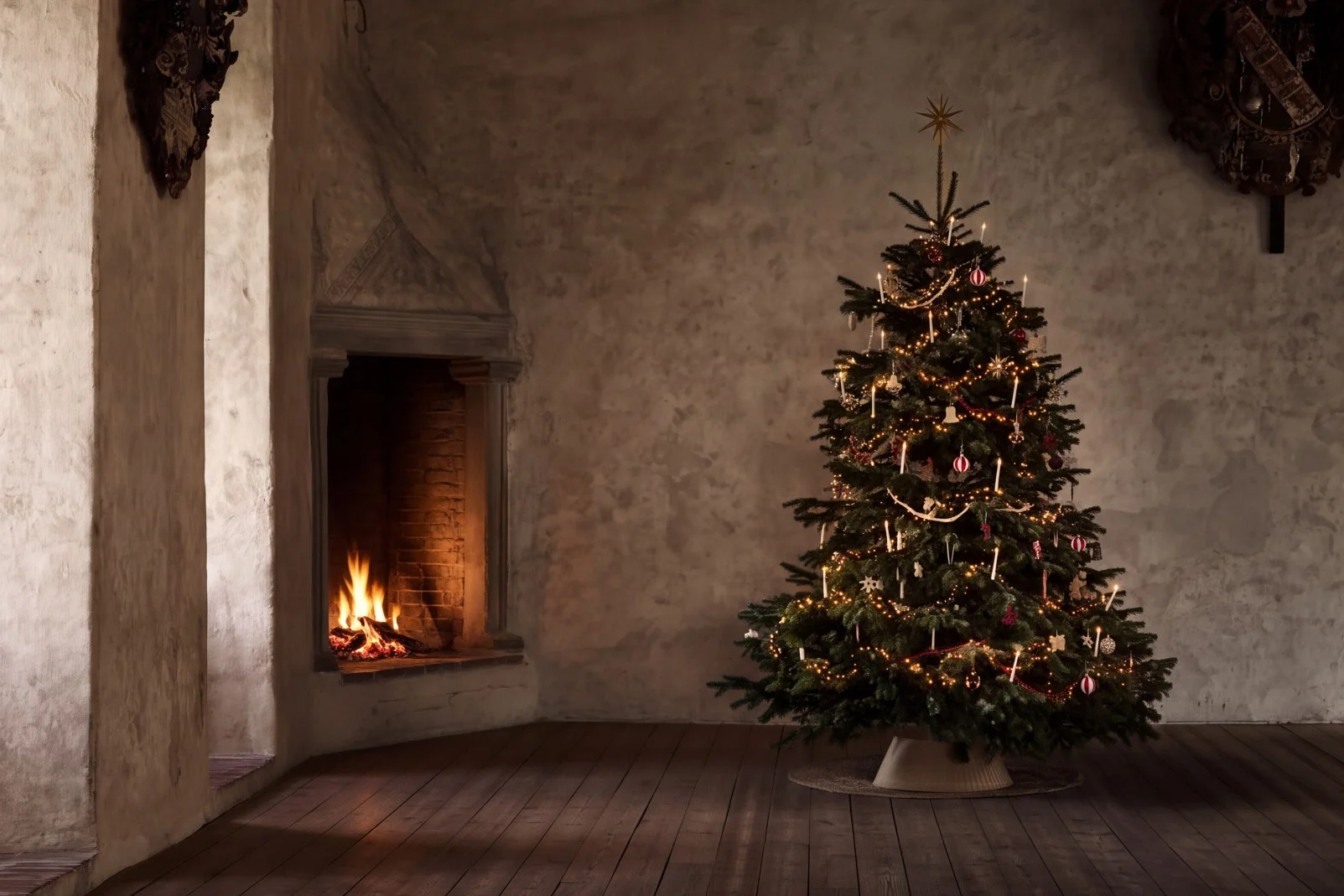 Een versierde kerstboom met brandende kaarsen en ornamenten in een rustieke kamer met open haard en houten vloer.
