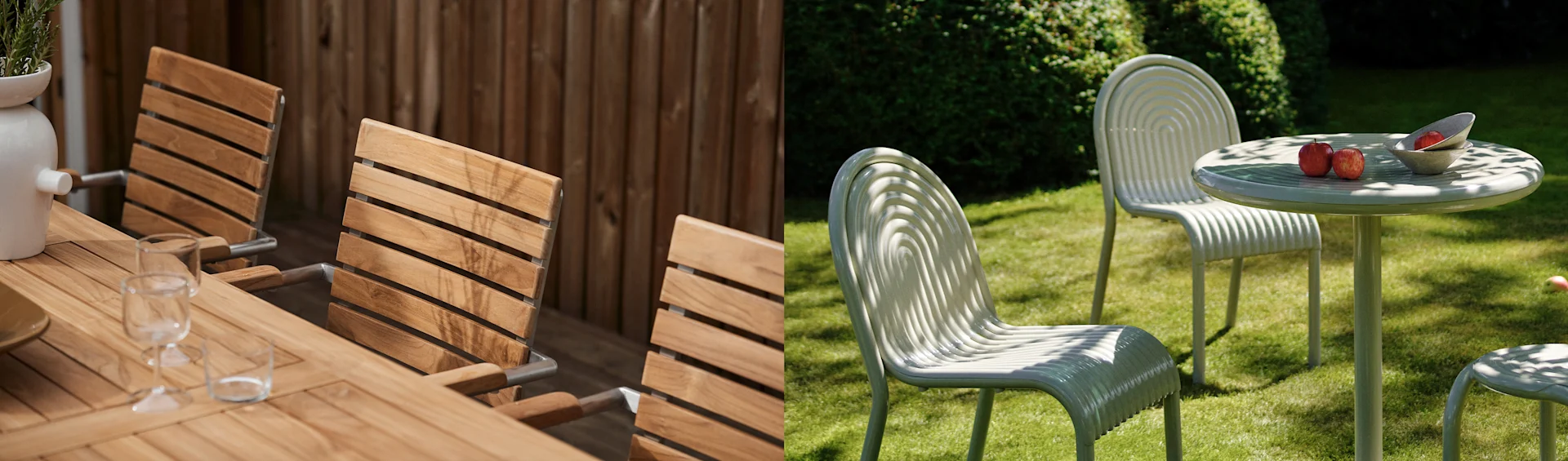 Twee buitenscenes: links een houten tuinset, rechts een lichtgroene metalen tuinset met geribbelde stoelen op een gazon.