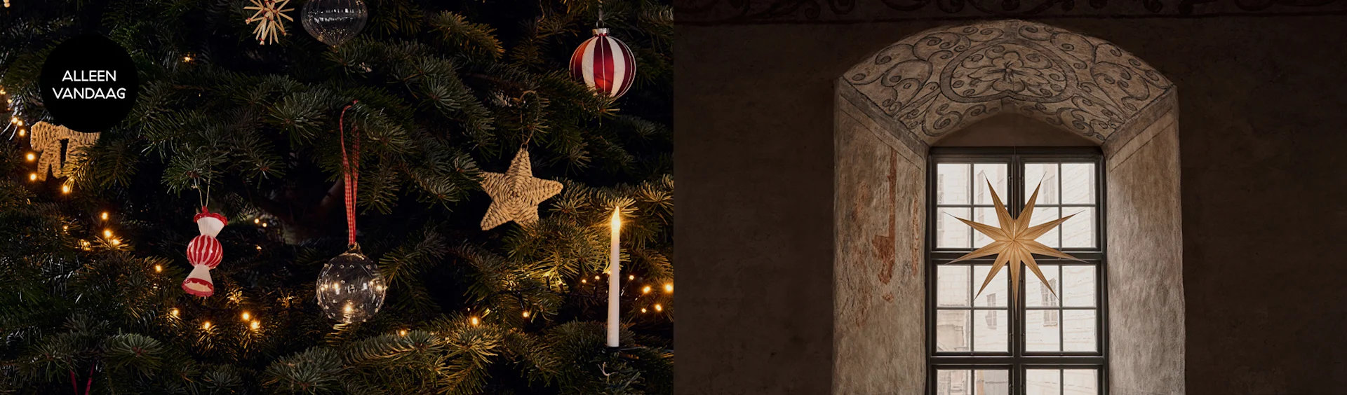 Een kerstboom met lichtjes, rood-witte ornamenten en een "TODAY ONLY"-label, naast een antiek boograam met een grote gouden ster.