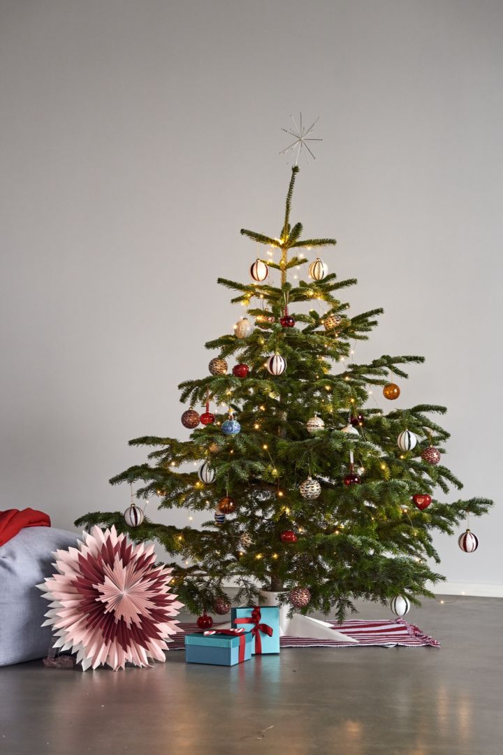 Hier zie je een kerstboom versierd met kleurrijke kerstdecoraties, naast de boom staat een roze kerstster.