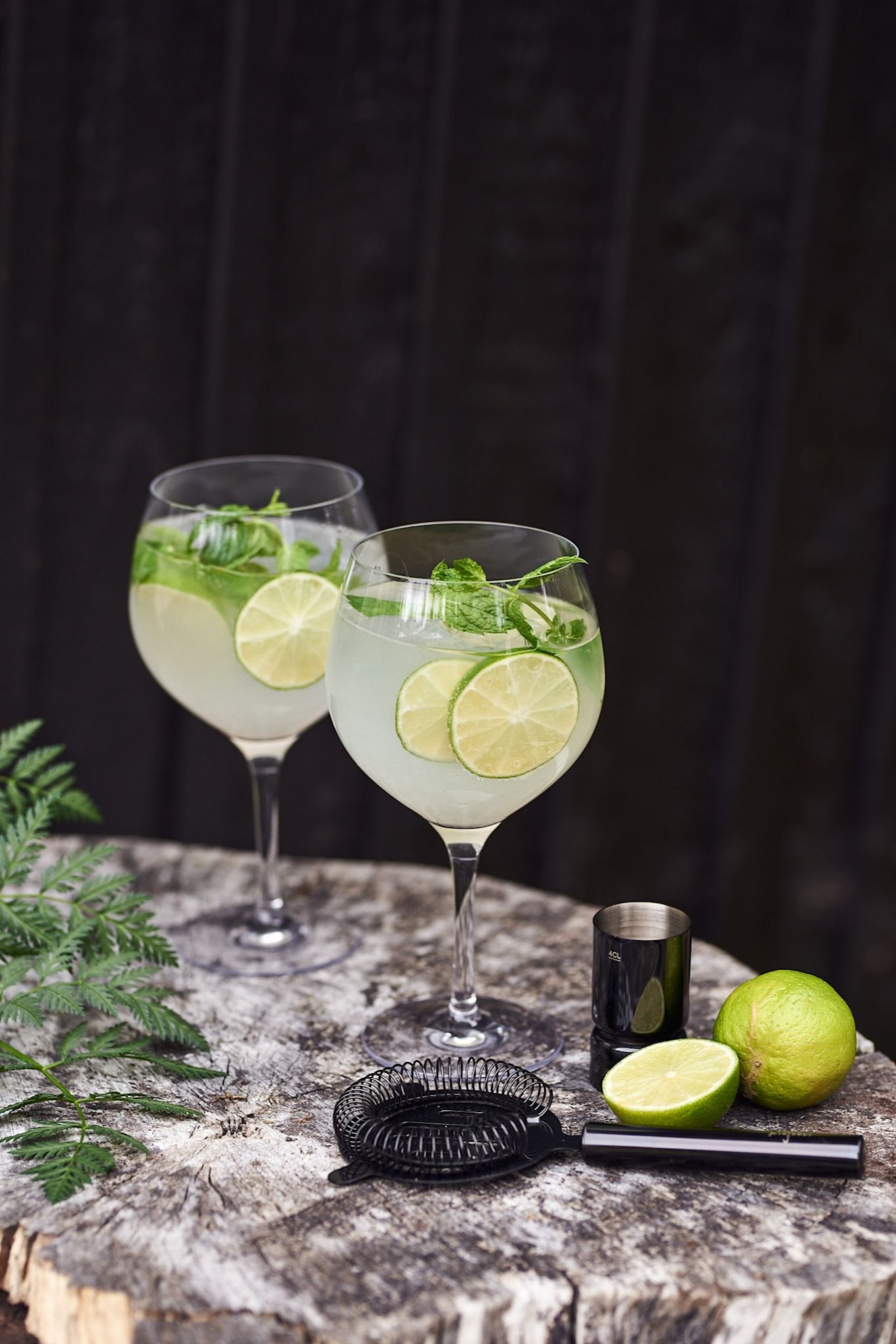 Eenvoudige zomerdrankjes - een gin & tonic gegarneerd met limoen en munt, geserveerd in Orrefors G&T-glazen. 