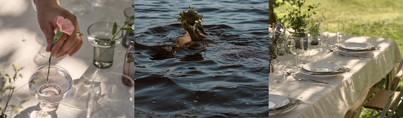 Drieluik: hand met roze bloem in vaas, persoon met bloemenkroon in water, en buiten gedekte tafel met bloemen.